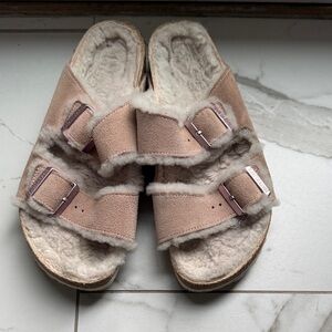 Gently used Rose Pink Birkenstocks with fur lining
